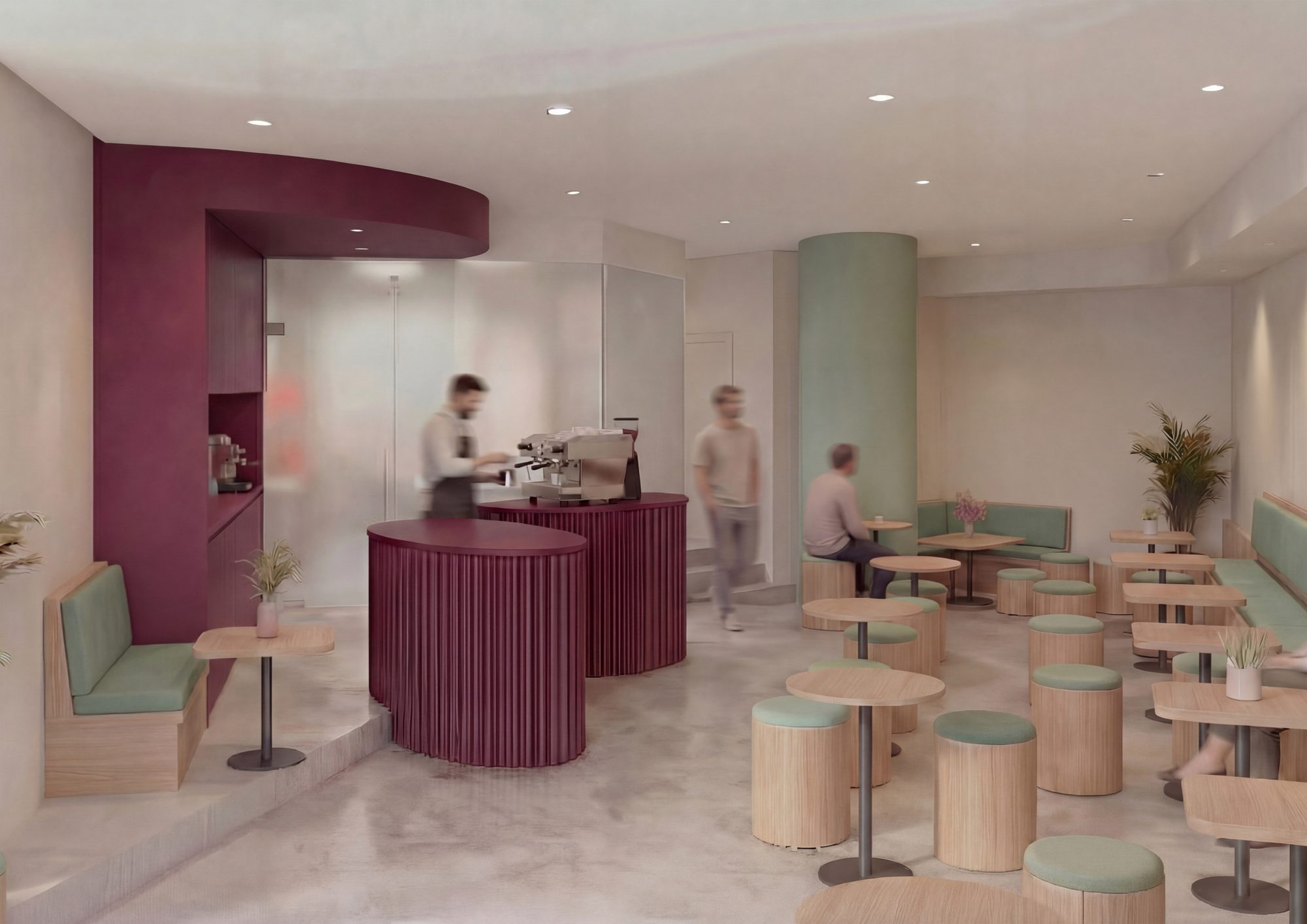 Café concept with a burgundy counter and green seating