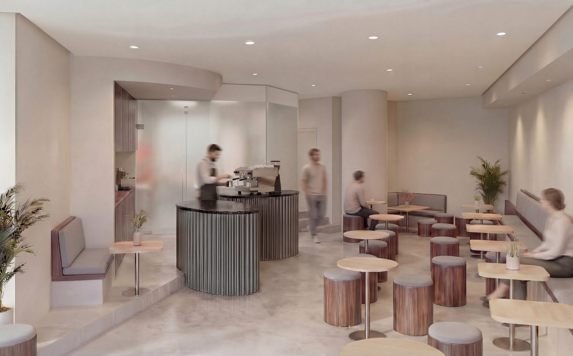 Café visualization with a curved counter, pale stone surfaces and warm seating