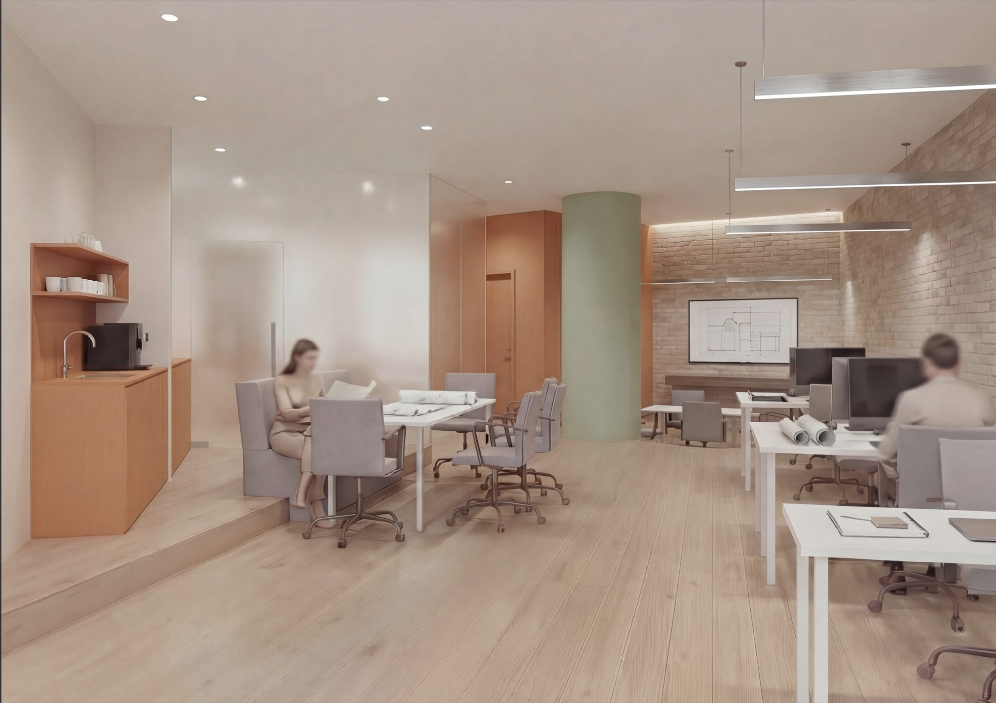 Office concept with workstations and a glass meeting room